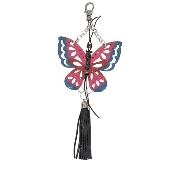 Turquoise & Leather Crossbody Bag: Silver Butterfly Accent  Turquoise Handpainted Wooden Butterfly Purse Leather Tassel Stone Beaded Leather